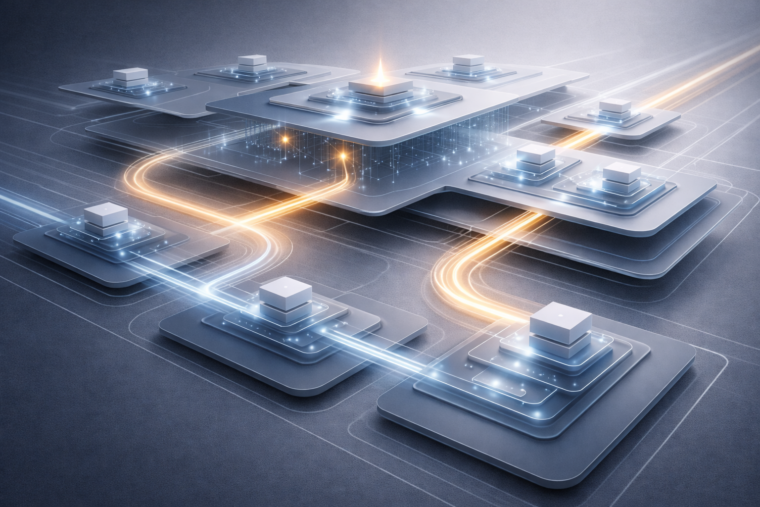 Abstract system visualization showing coordinated workflows across decision, data, and execution layers in digital product development.
